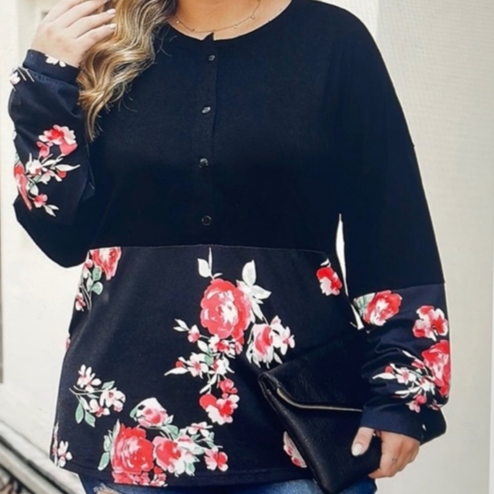 Black Rose Floral Stretch Knit Top. Blouse has buttons on the top half. Plus 3X